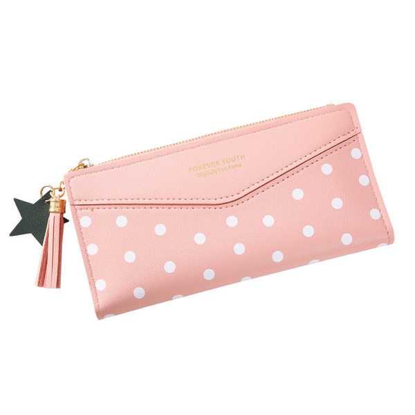 Γυναικείο έκο δερμάτινο πορτοφόλι πουά με φούντα σε διάφορα χρώματα