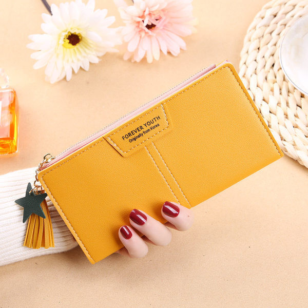 Vienkrāsains sieviešu maks ar pušķi vairākās krāsās