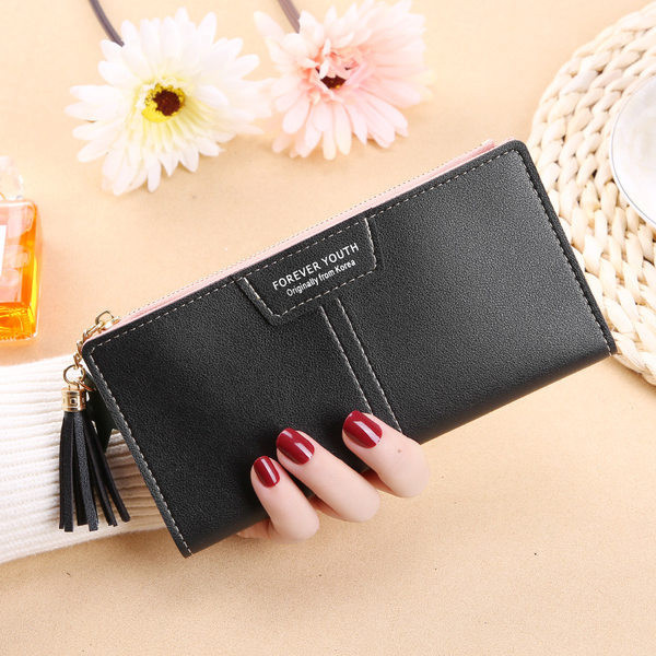 Vienkrāsains sieviešu maks ar pušķi vairākās krāsās