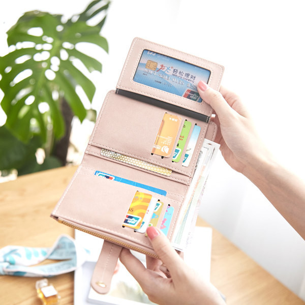 Γυναικείο έκο δερμάτινο πορτοφόλι με φερμουάρ και μεταλλικό κούμπωμα σε διάφορα χρώματα