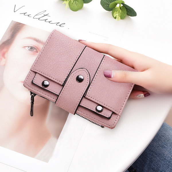 Portofel de dama din piele cu fermoar si elemente metalice