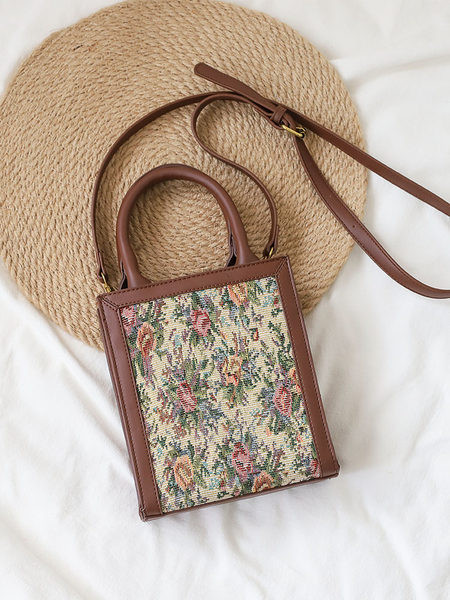 Geantă pătrată de damă cu flori brodate și mâner lung