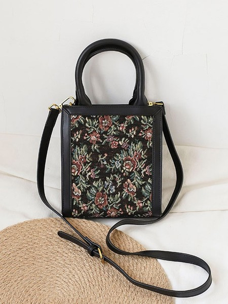 Geantă pătrată de damă cu flori brodate și mâner lung