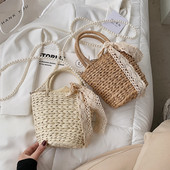 Γυναικεία ψάτινη τσάντα  με κορδέλα και μακρυά λαβή από πέρλες