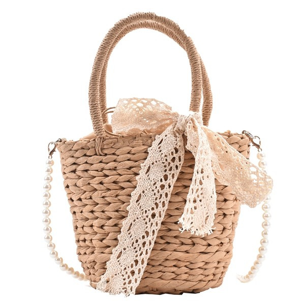 Γυναικεία ψάτινη τσάντα  με κορδέλα και μακρυά λαβή από πέρλες