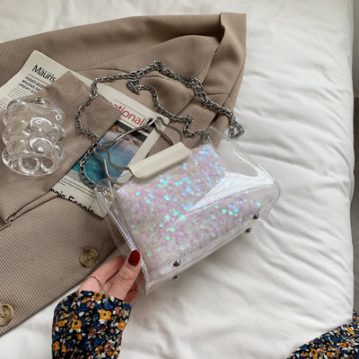 Γυναικεία τσάντα με πούλιες και διαφανές μέρος