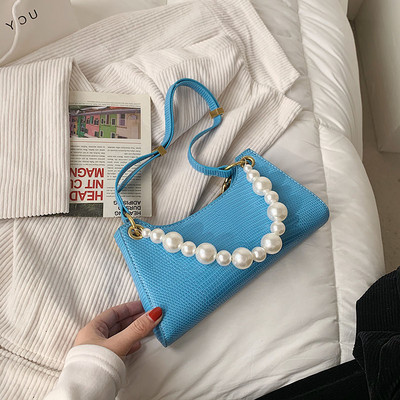 Geanta dama din imitatie piele cu perle si maner lung