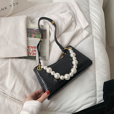 Geanta dama din imitatie piele cu perle si maner lung