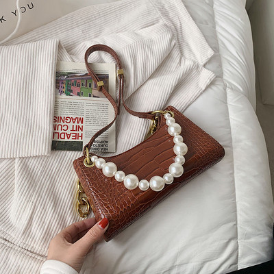 Geanta dama din imitatie piele cu perle si maner lung