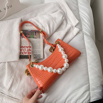 Geanta dama din imitatie piele cu perle si maner lung