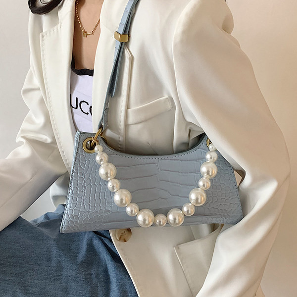 Geanta dama din imitatie piele cu perle si maner lung