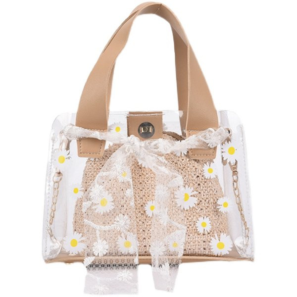 Διαφανής γυναικεία τσάντα με κορδέλα και πολύχρωμο απλικέ