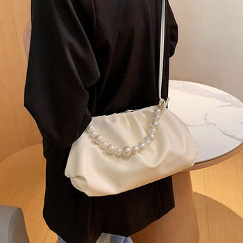 Стилна дамска кожена чанта с перли 