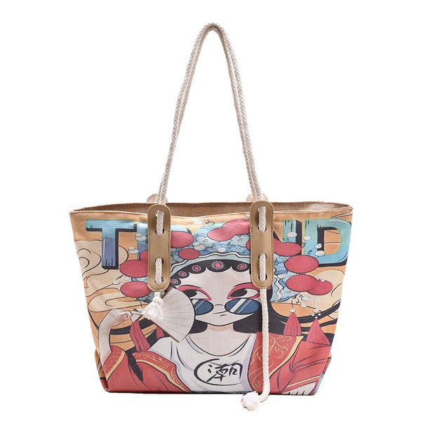 Γυναικεία υφασμάτινη τσάντα με εφαρμογές - με κοντή λαβή