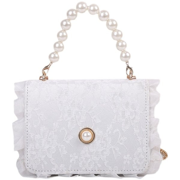 Geanta dama din dantela cu maner metalic si perle