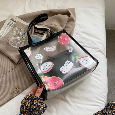 Modernus kasdieninis krepšys su permatoma dalimi ir spalvingomis aplikacijomis