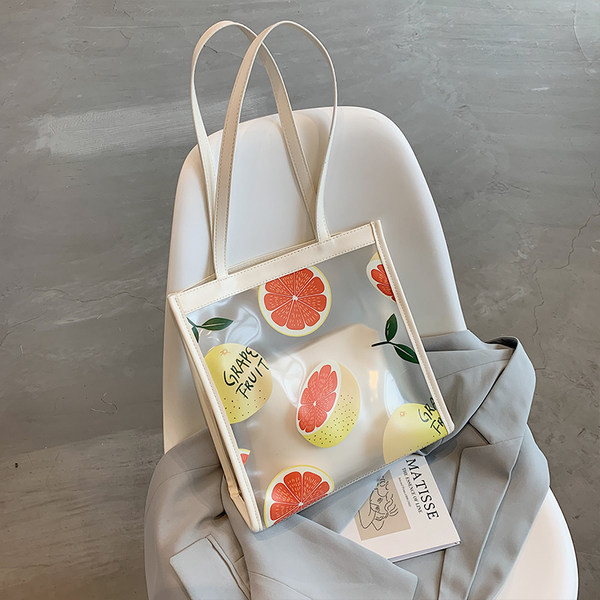 Modernus kasdieninis krepšys su permatoma dalimi ir spalvingomis aplikacijomis