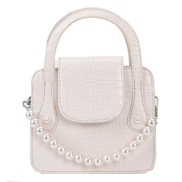 Μικρή ανάγλυφη δερμάτινη τσάντα με λάβη με πέρλες