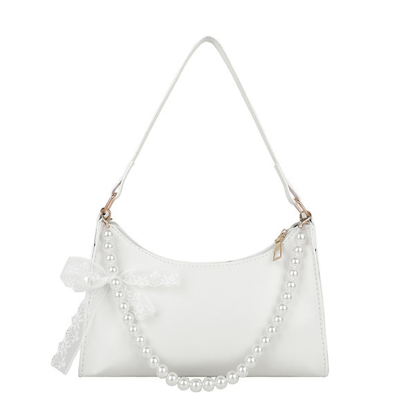 Γυναικεία έκο δερμάτινη τσάντα με κοντή λαβή από πέρλες και κορδέλα 