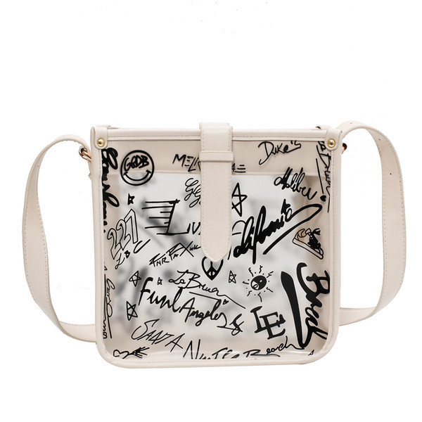 Γυναικεία διαφανής τσάντα με επιγραφή και μακριά λαβή