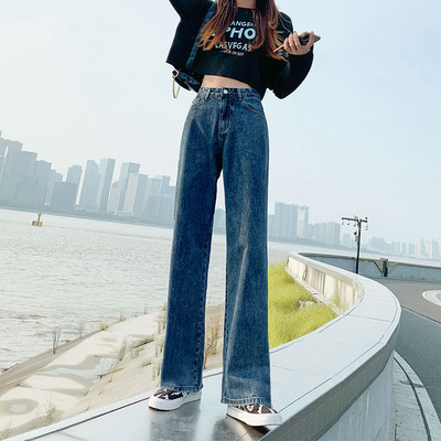 Blugi de dama cu talie inalta si crapaturi pe picioare