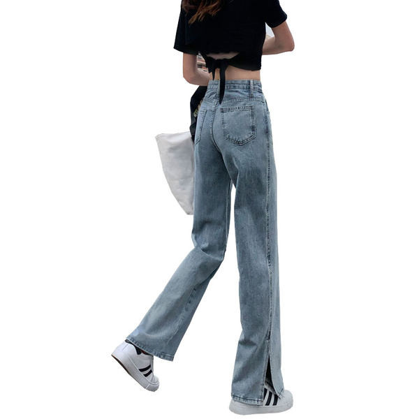 Blugi de dama cu talie inalta si crapaturi pe picioare