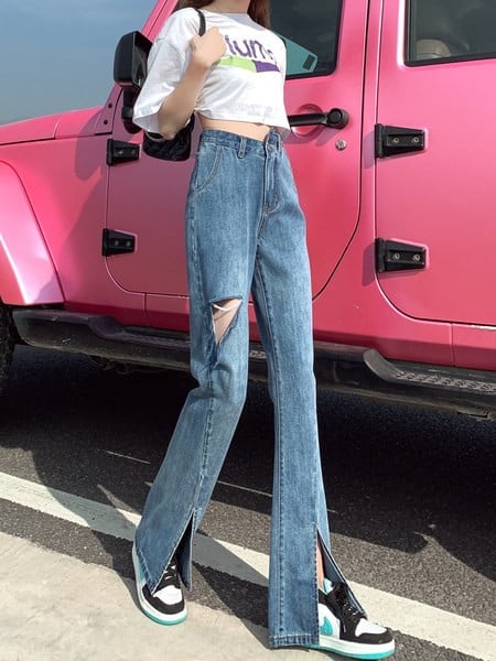 Blugi lungi de dama cu element rupt si talie inalta