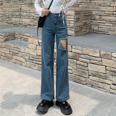 Blugi lungi de dama cu element rupt si perle