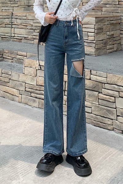 Blugi lungi de dama cu element rupt si perle