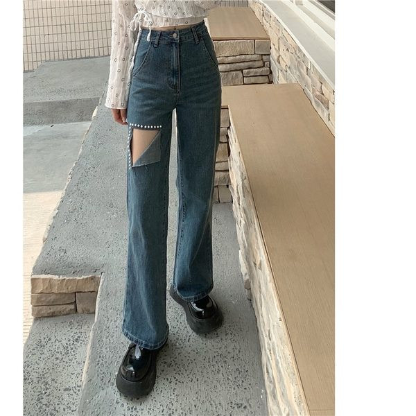 Blugi lungi de dama cu element rupt si perle