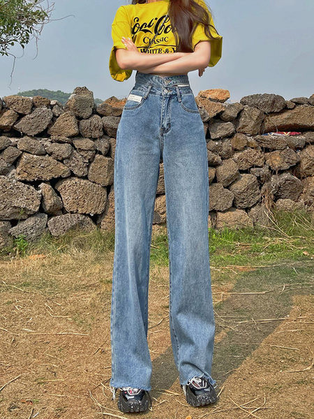 Sieviešu platie džinsi ar augstu vidukli un pogām