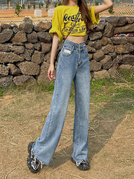 Sieviešu platie džinsi ar augstu vidukli un pogām