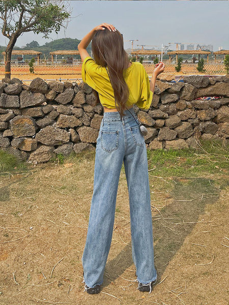 Sieviešu platie džinsi ar augstu vidukli un pogām