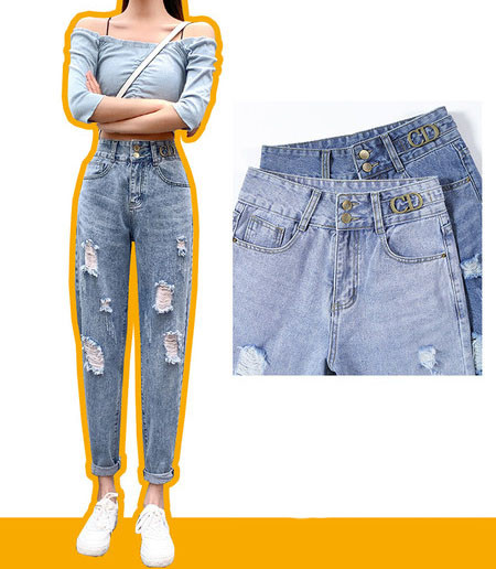 Ikdienas džinsi ar augstu vidukli un saplēstiem motīviem