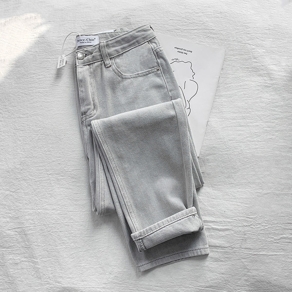 Blugi de dama de culoare gri cu talie inalta si buzunare