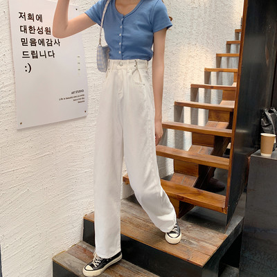 Γυναικεία τζιν ίσια με ψηλή μέση και τσέπες