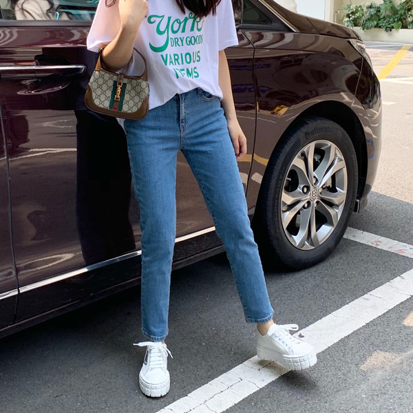 Blugi casual cu talie inalta - in culoarea albastra