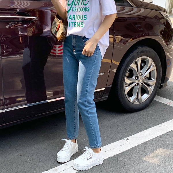 Blugi casual cu talie inalta - in culoarea albastra