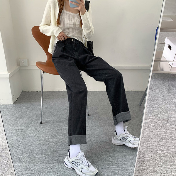 Blugi de dama model gratuit cu talie inalta - culoare neagra