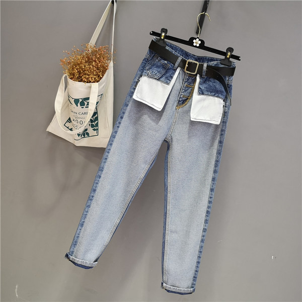 Ikdienas sieviešu džinsi ar kabatām un augstu vidukli - zilā krāsā