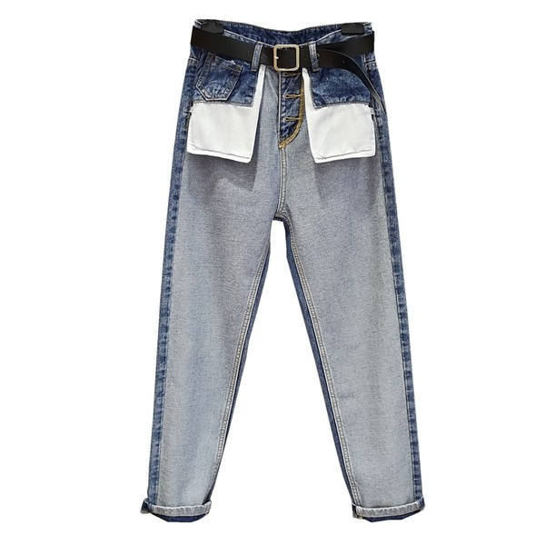 Ikdienas sieviešu džinsi ar kabatām un augstu vidukli - zilā krāsā