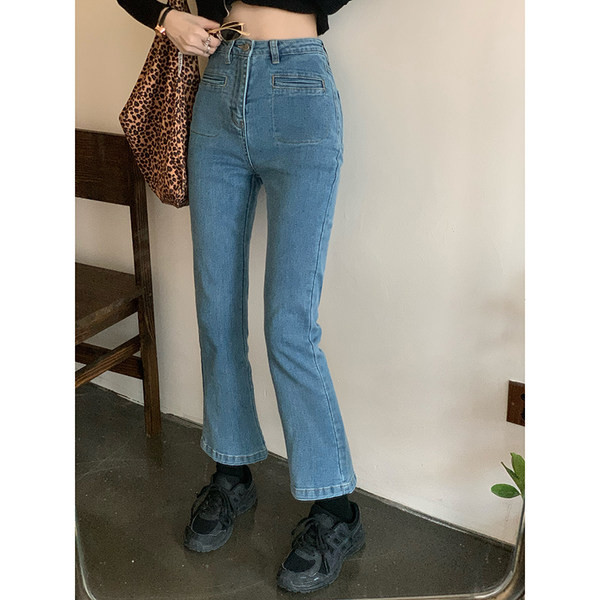 Sieviešu džinsu vienkrāsains modelis zilā krāsā - ar augstu vidukli