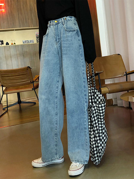 Sieviešu pavasara džinsi ar augstu vidukli un platām kājām