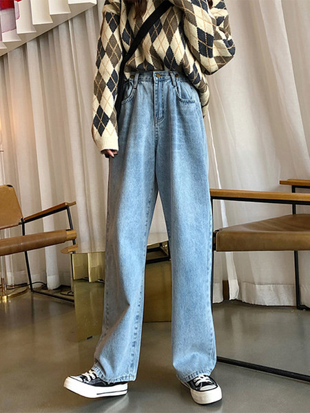 Sieviešu pavasara džinsi ar augstu vidukli un platām kājām