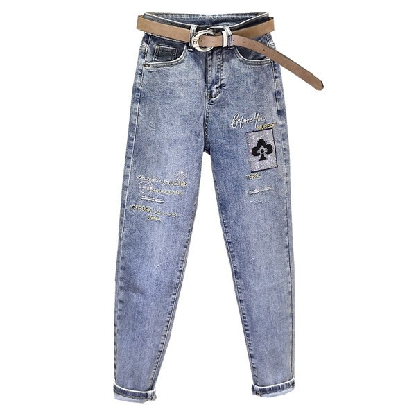 Ikdienas sieviešu džinsi ar izšuvumu - zilā krāsā