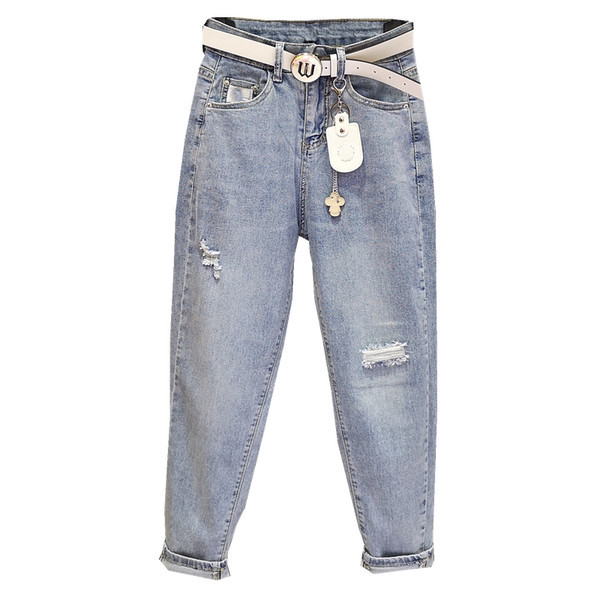 Blugi moderni de dama cu talie inalta si motive rupte in albastru