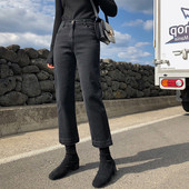 Taskute ja kõrge vöökohaga vabaaja naiste teksapükste sirge mudel