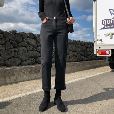 Taskute ja kõrge vöökohaga vabaaja naiste teksapükste sirge mudel