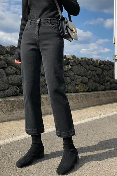 Taskute ja kõrge vöökohaga vabaaja naiste teksapükste sirge mudel