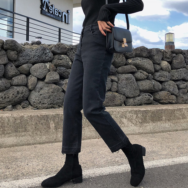 Taskute ja kõrge vöökohaga vabaaja naiste teksapükste sirge mudel